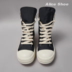 PENDRA Canvas Noir Black Canvas High-Top Zip Lace-Up Flat Ankle Boots