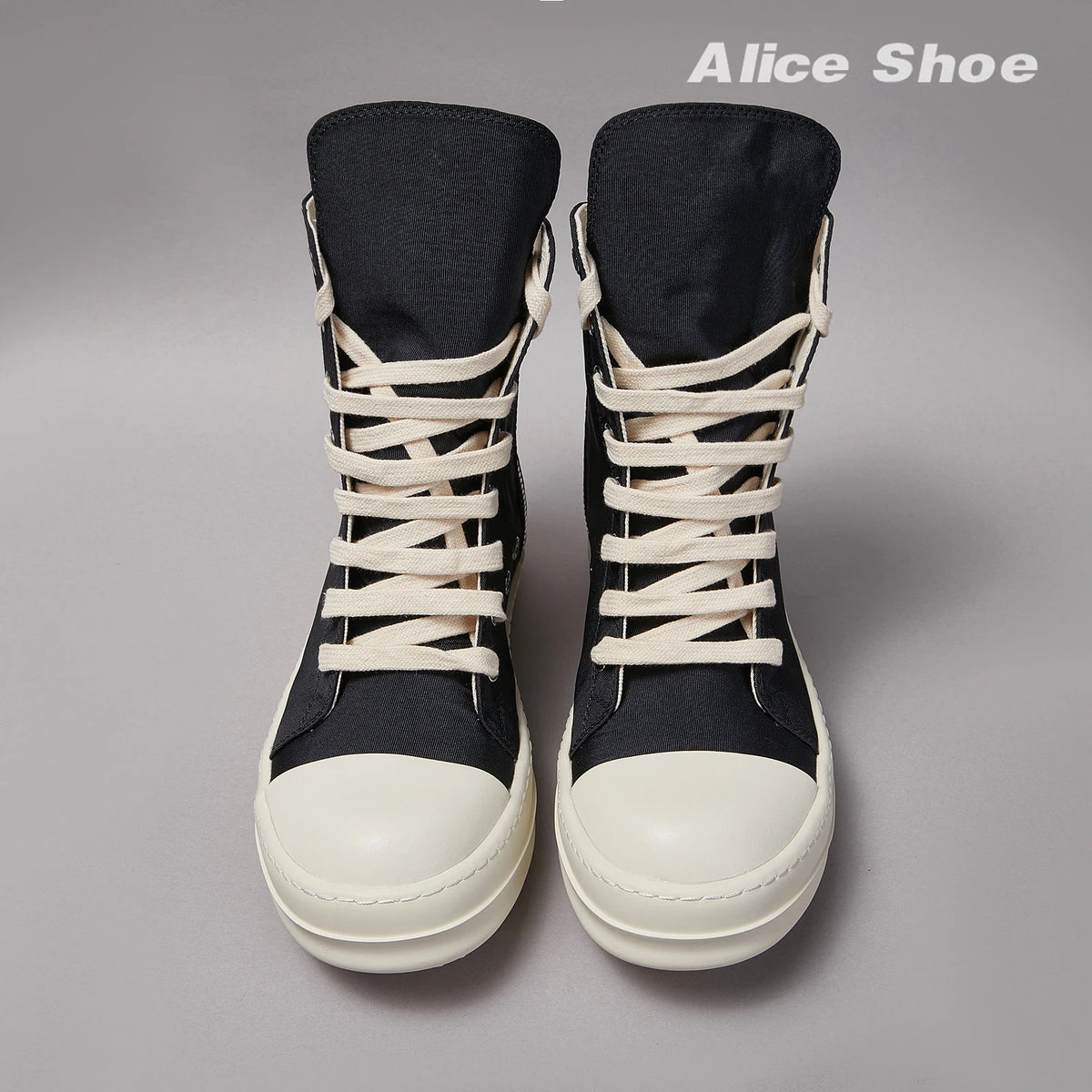 PENDRA Canvas Noir Black Canvas High-Top Zip Lace-Up Flat Ankle Boots