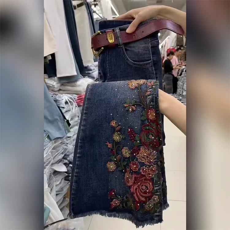 PENDRA Embroidered Denim Flared Ethnic Heavy Industry Hot Diamond Pants