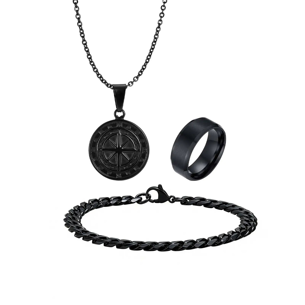 3pcs Classic Compass Necklace Set Gift for Men,Silver Gold Color Stainless Steel Bracelet Ring,Simple Jewelry Set