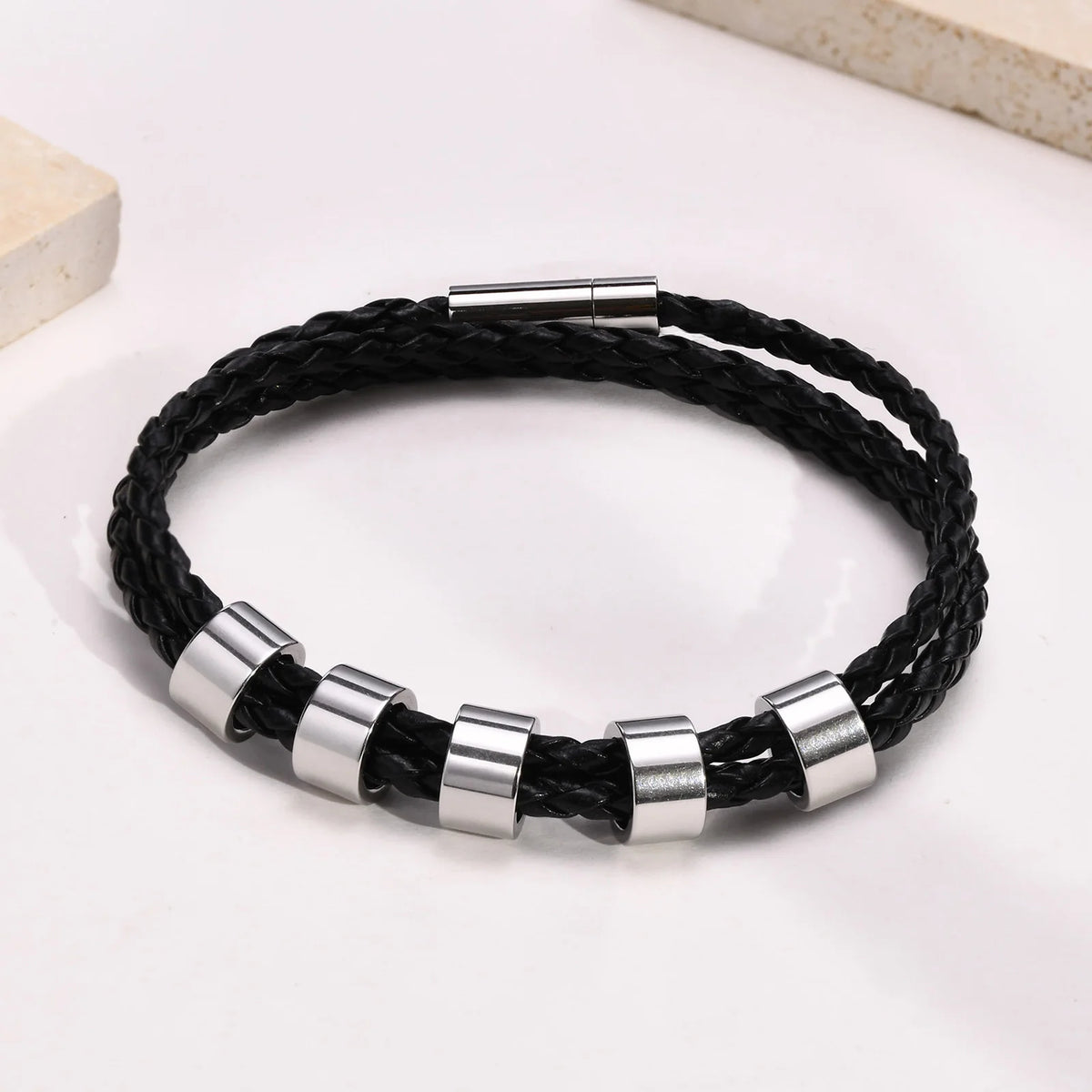 Custom 1-7 Names Multi Layer Leather Bracelet for Men,Stainless Steel Beads Handmade Braided Wristband,Gift for Father Dad