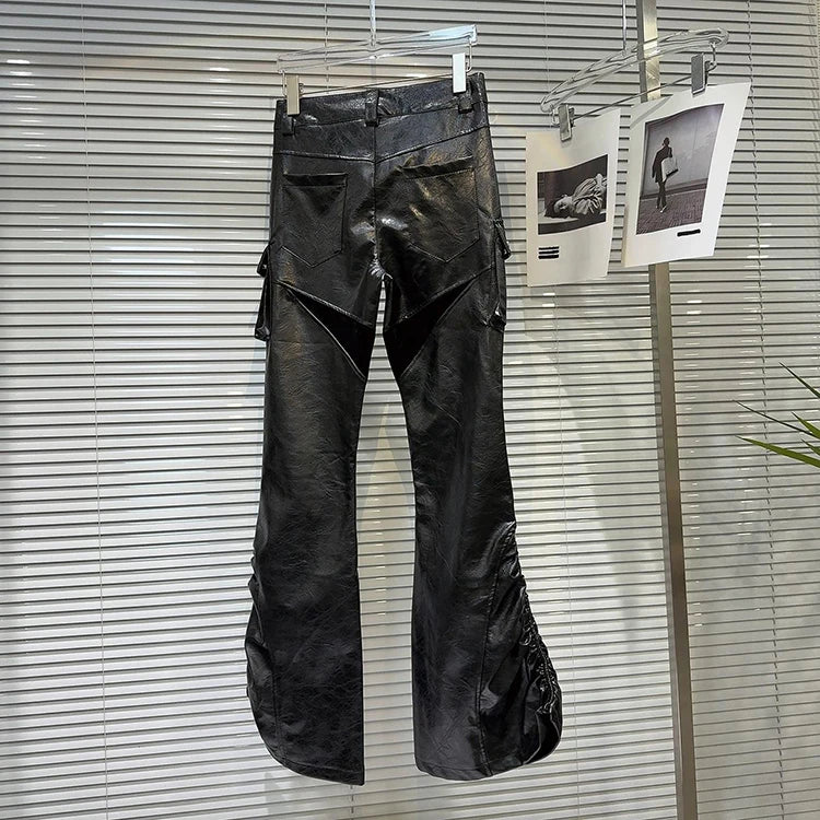 Fashion Casual Rivet PU Leather Trouesrs Women Drawstring Designe Pockets Motorcycle Black Bell-bottoms Street Flared Pants