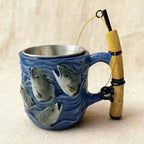 Funny Fishing Rod Handle Coffee Mug 3D Fishing Embossed Stainless Steel Cup for Men Collect Decor Family Ornament Collection