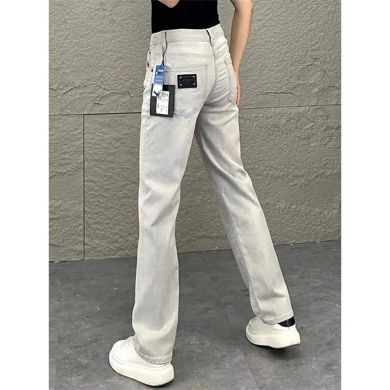 PENDRA Original White Gray Draped Slim-Fit Straight-leg Slimming Jeans