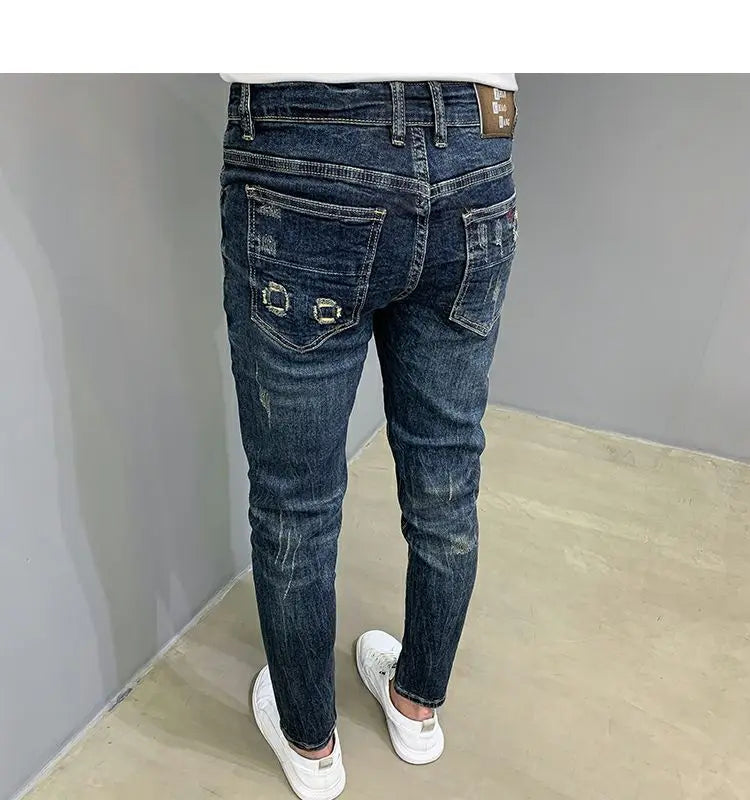 Harajuku Fashion Autumn New Blue Jeans Men's Trendy Brand Scratches Cargo Work Korean Slim-fitting Trousers Luxury Elastic Pants
