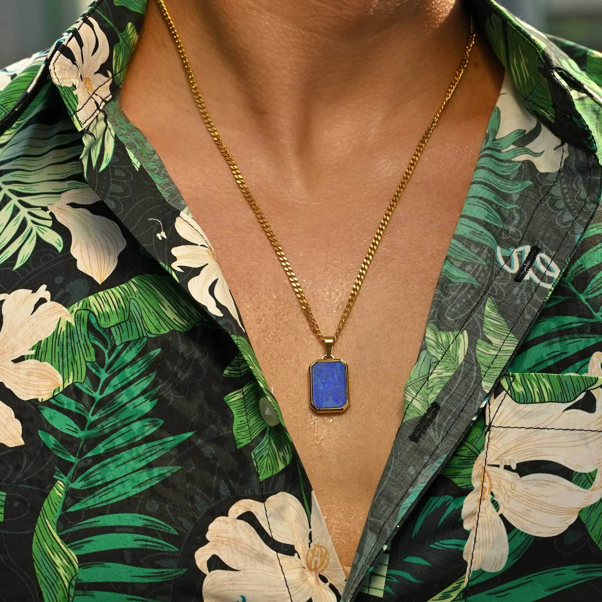 Casual Stainless Steel Men's Rectangular Necklace,Blue Natuarl Stone Lapis Lazuli Pendant,Birthday Father Anniversary Gift