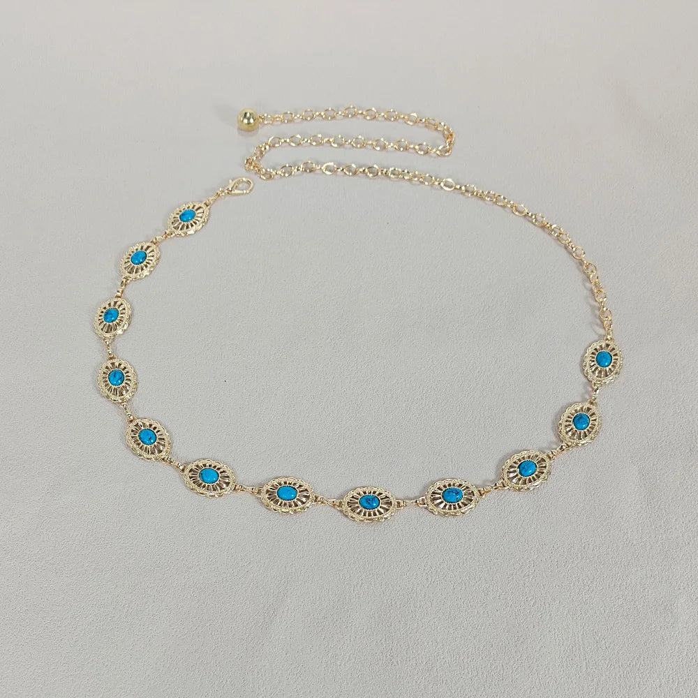 Silver Bohemian Female Metal waist chain Belt luxury Blue Gemstone Ellipse Designer Belts for Women Long Waistband Punk