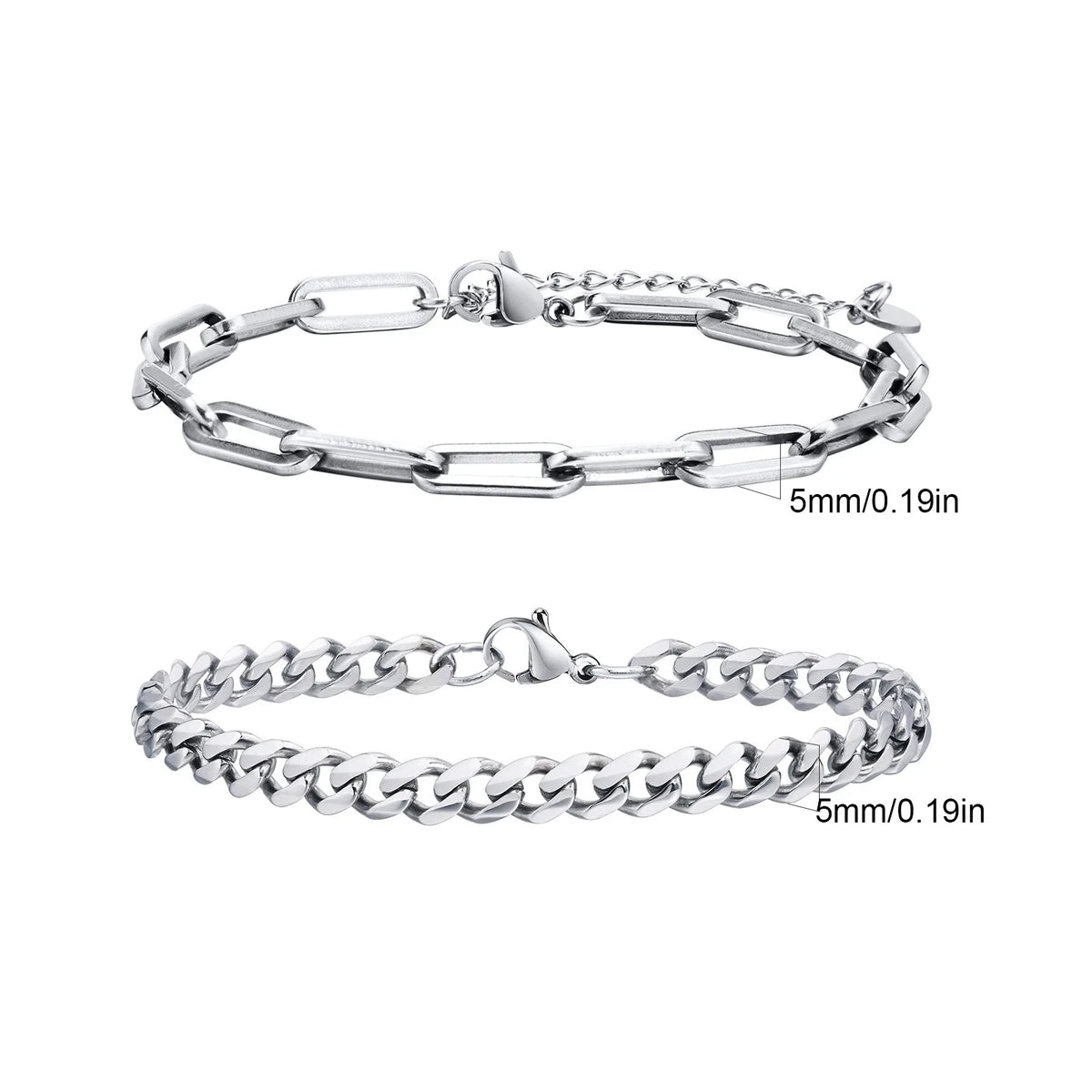 2pcs Men's Cuban Chain Bracelets,Stainless Steel Rectangular Chain Bracelet,Hiphop Causal Jewelry Gift