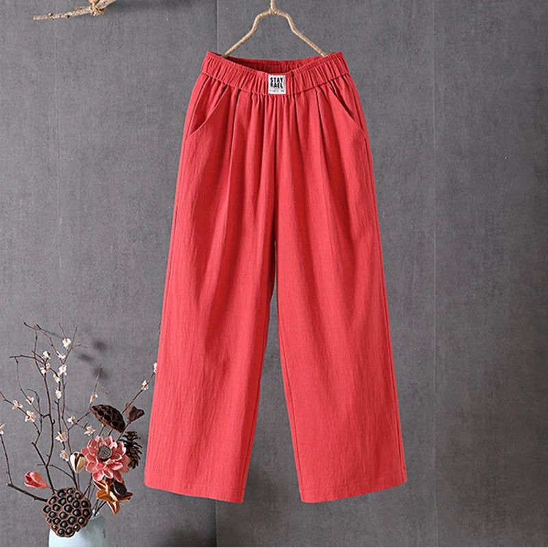 Female 2025 High Quality Loose Trousers Summer Elastic Waist Women's Pants Casual Solid Cotton Linen Ankle Length Pants