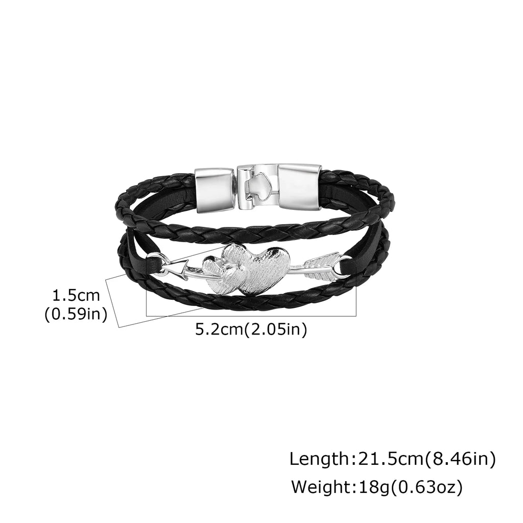 Arrow Piercing Heart Leather Bracelet for Men,Trendy Black PU Woven 3 Layers Bracelet,Gift for Husband Boyfriend