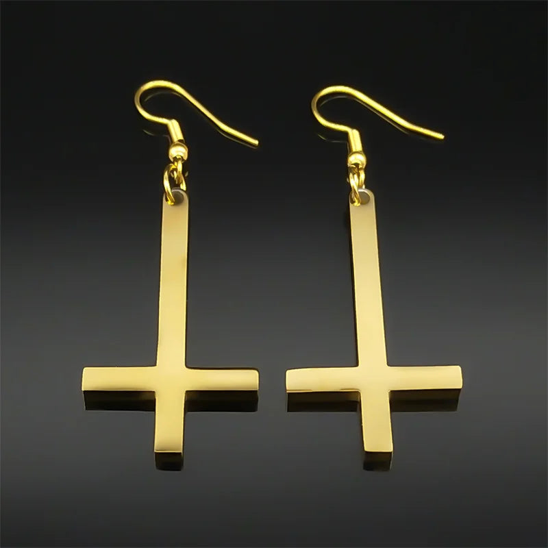Stainless Steel Gothic Upside Down Cross Drop Earrings Punk Inverted Cross Earring Goth Jewelry Pendientes Mujer E8374S06