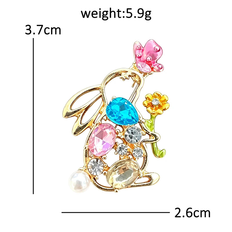 PENDRA Crystal Rabbit Floral Enamel Brooch