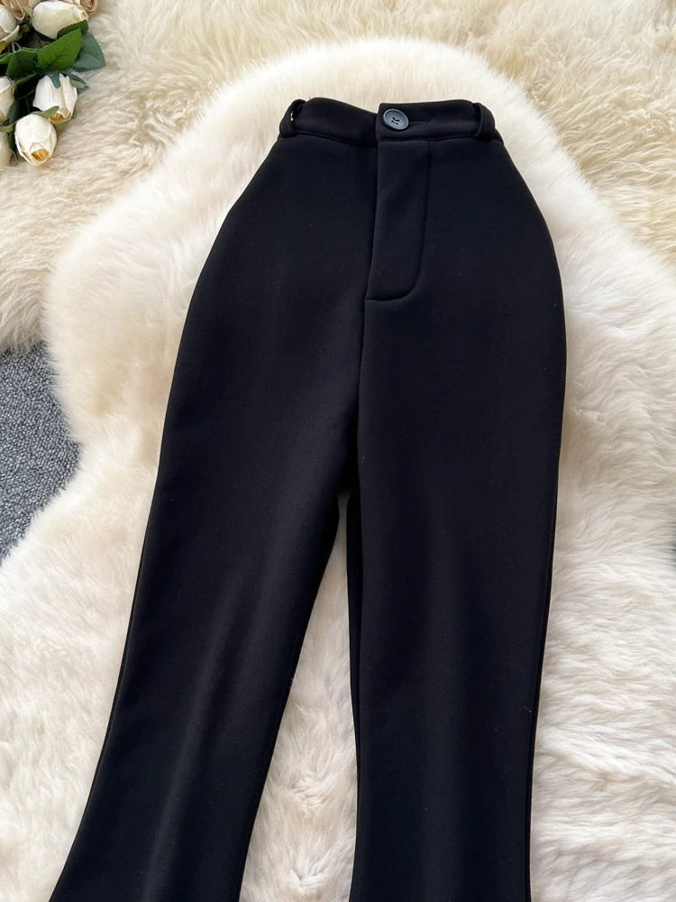 High waisted slim fit micro flared pants women in spring new design sense casual versatile solid color straight leg pants