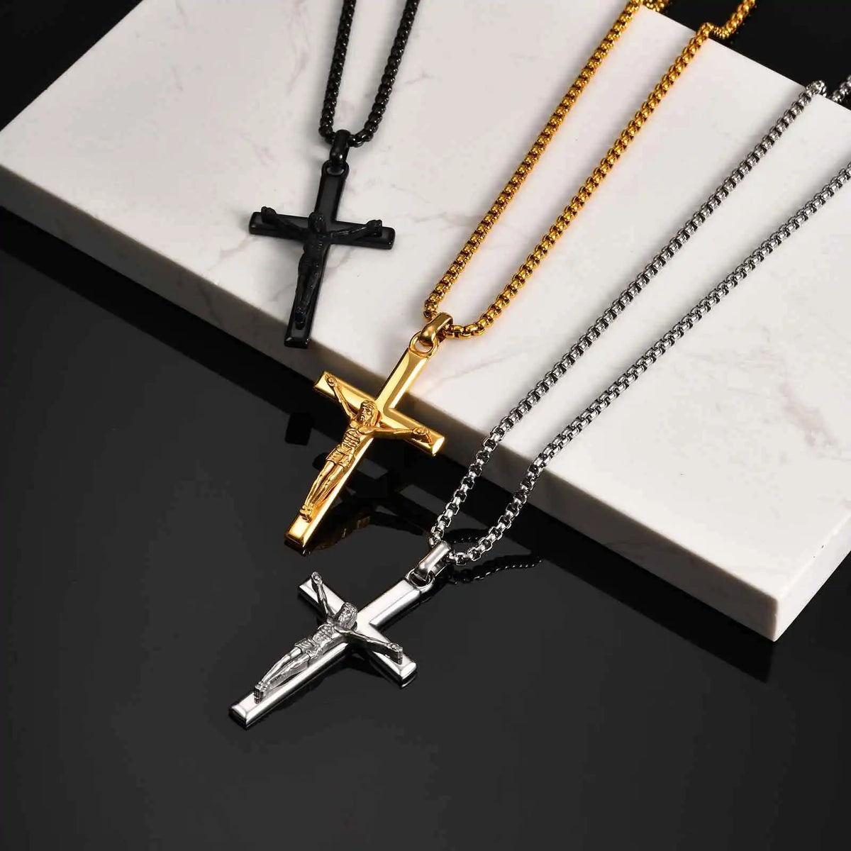 Waterproof Crucifix Cross Necklace for Men Boys,Stainless Steel Catholic Cross Pendant Necklace ,Religious Belief Jewelry Gift