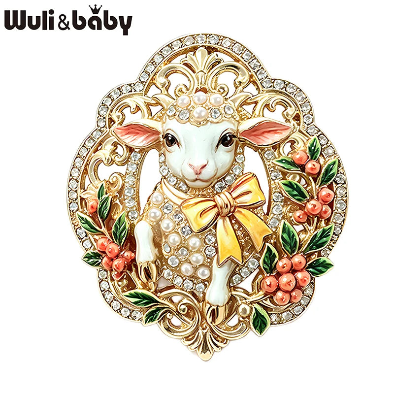 PENDRA Opal Enamel Rhinestone Sheep Brooch