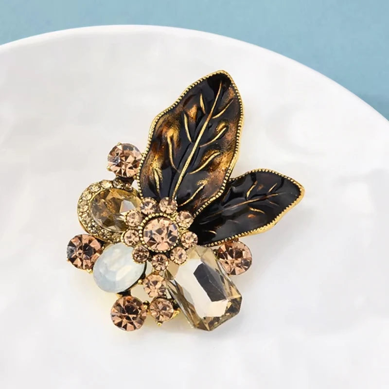 PENDRA Verdelle Green-Brown Rhinestone Flower Brooch