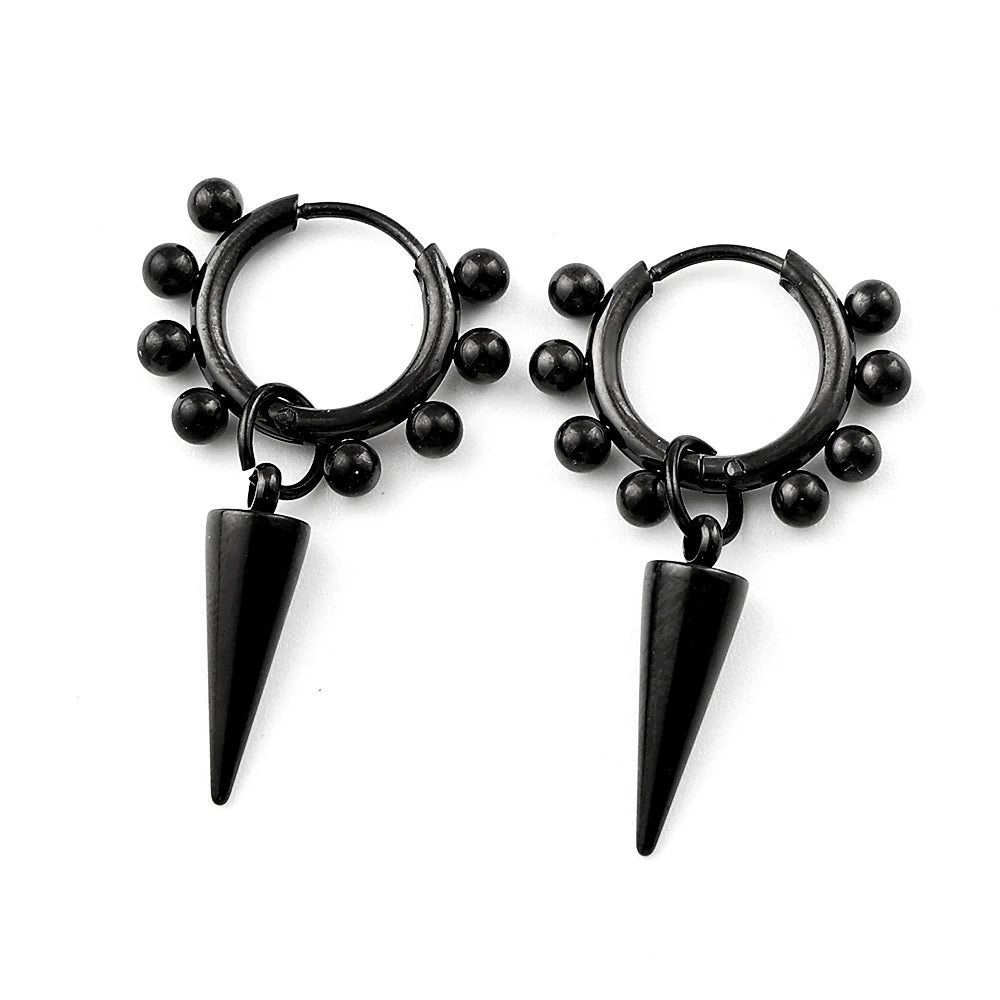 Stainless Steel Spike Cone Drop Earrings Man Punk Beaded Hoop Earrings for Men Women Gothic Hip Hop Dangle Ear Cool Jewelry Gift