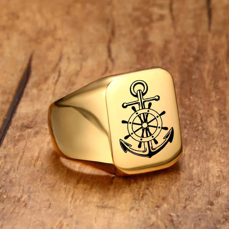 Men Viking Vegvisir Pirate Signet Ring, Free Custom Personalized Stainless Steel Finger Bands Ring for Boys, Amulet Jewelry Gift