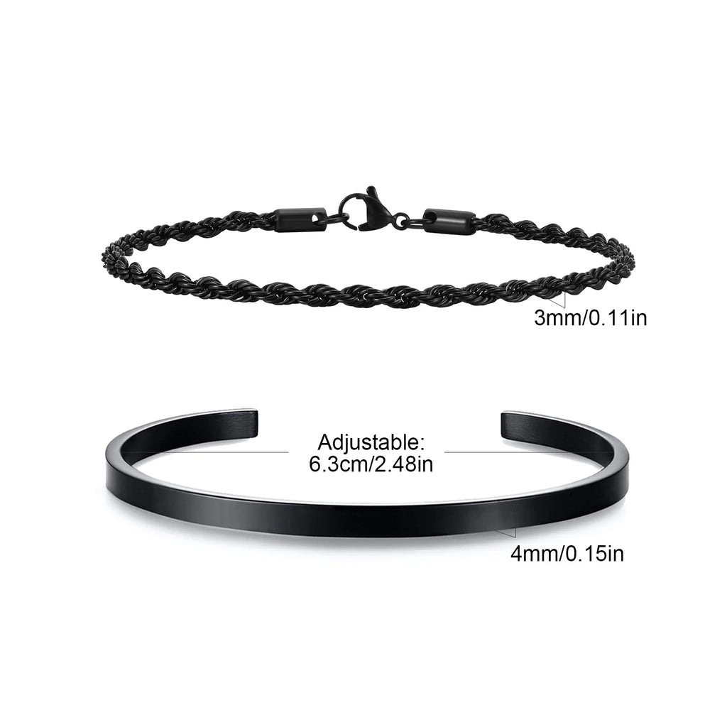 Waterproof Men's Layered Bracelets,2pcs Stainless Steel Twisted Chain Link Wristband,4MM Cuff Bangle Gift