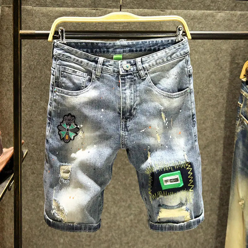 Summer Luxury Trendy Brand Denim Shorts Men's Pants Ripped Slim-fitting Elastic Washed Japanese Embroidery Patch Medium Pants