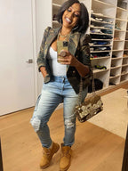 Camouflage Printed Double Breasted Jacket, Casual Long Sleeved Lapel Open Top, Suitable For Spring And Autumn, Women's Clothing