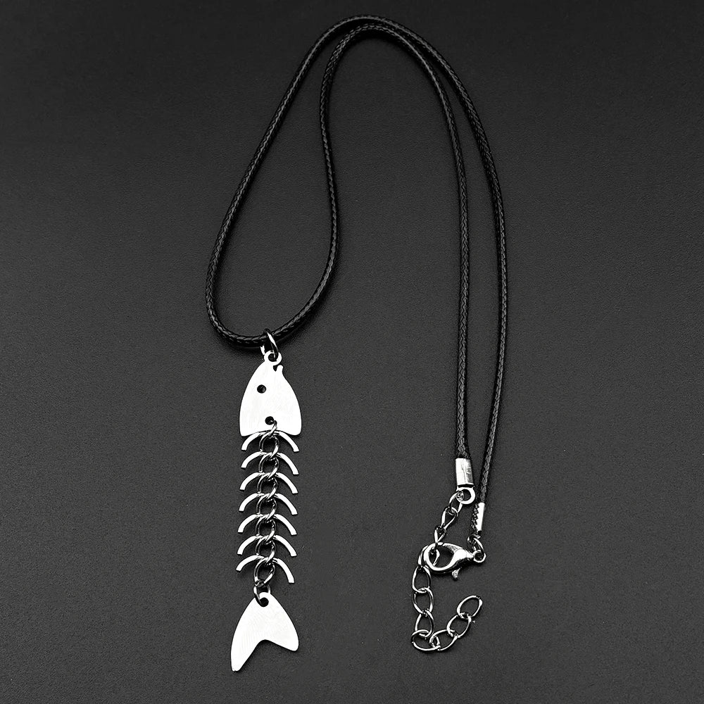 Hip hop Fish Bone Necklace Earrings Drop Ear Pendant Stainless Steel Simple Design Silver Color Party Jewelry Sets Accessories