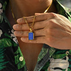 Casual Stainless Steel Men's Rectangular Necklace,Blue Natuarl Stone Lapis Lazuli Pendant,Birthday Father Anniversary Gift