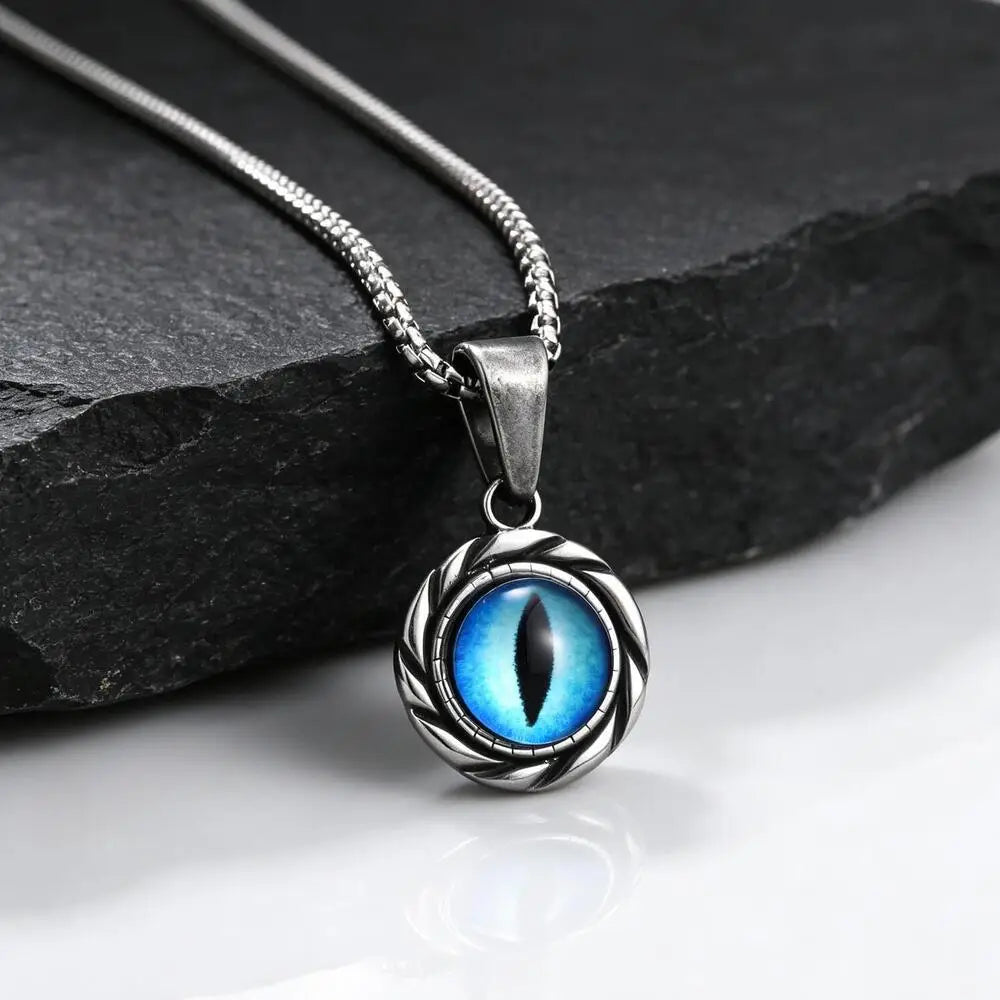 Vintage Evil Eye Pendant Necklace for Men,Stainless Steel Blue Vertical Cat Eye Charm Pendant Necklace,Punk Amulet Jewelry Gift