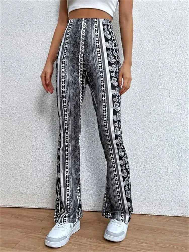 Vintage Boho Spring Floral Print Casual Pants Fashion new high elasticity tight fitting micro flared Yoga Joggers pants