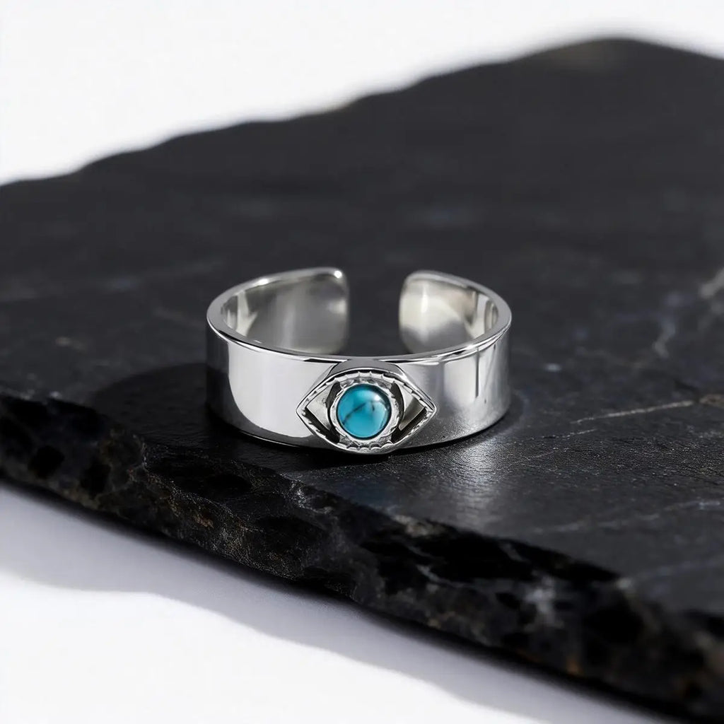 Natural Stone Devils Eyes Ring for Men,Punk Waterproof Stainless Steel Adjustable Cuff Ring,Türkiye Exorcism Jewelry Gift