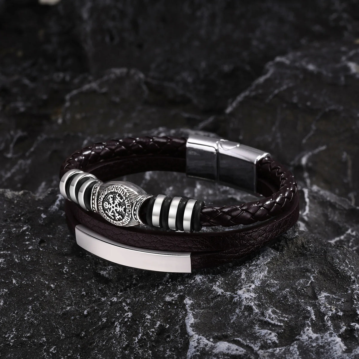 Mprainbow Viking Rune Compass Multi-layer Leather Bracelets for Men, Clasp Wristband Vintage Norse Male Amulet Jewelry