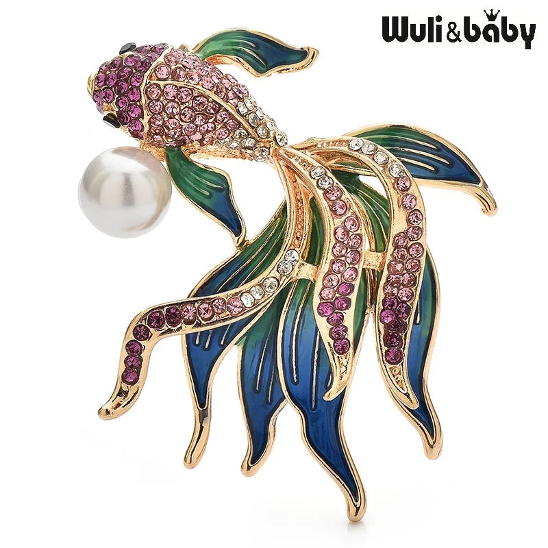 PENDRA Golden Fish Crystal Brooch