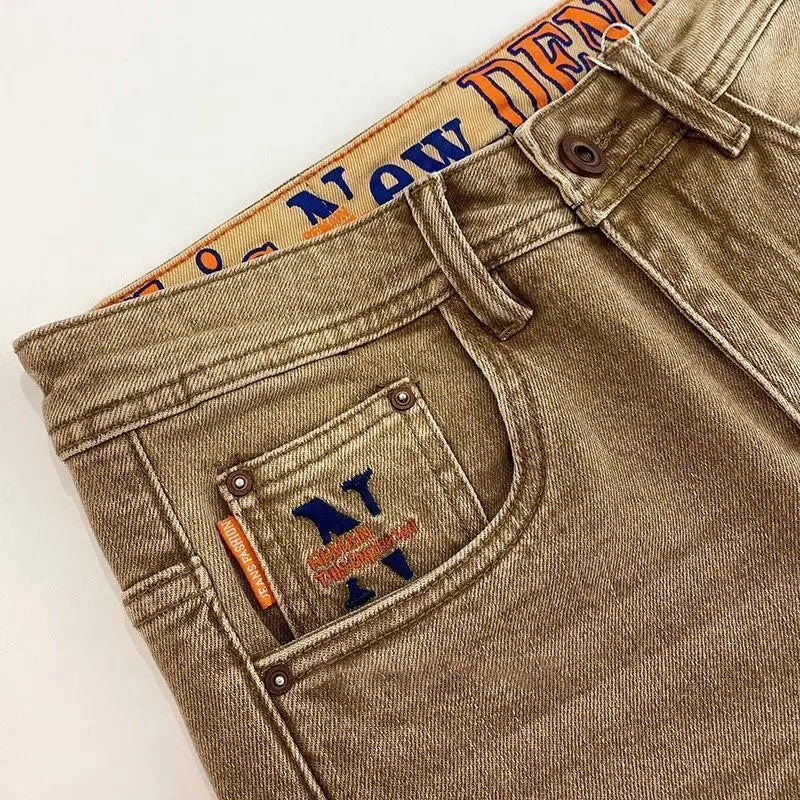 High-end 2026 Luxury Brand Clothes Khaki Jeans Men's Light Luxury Washed Casual Elastic Slim Small Feet Embroidered Long Pants