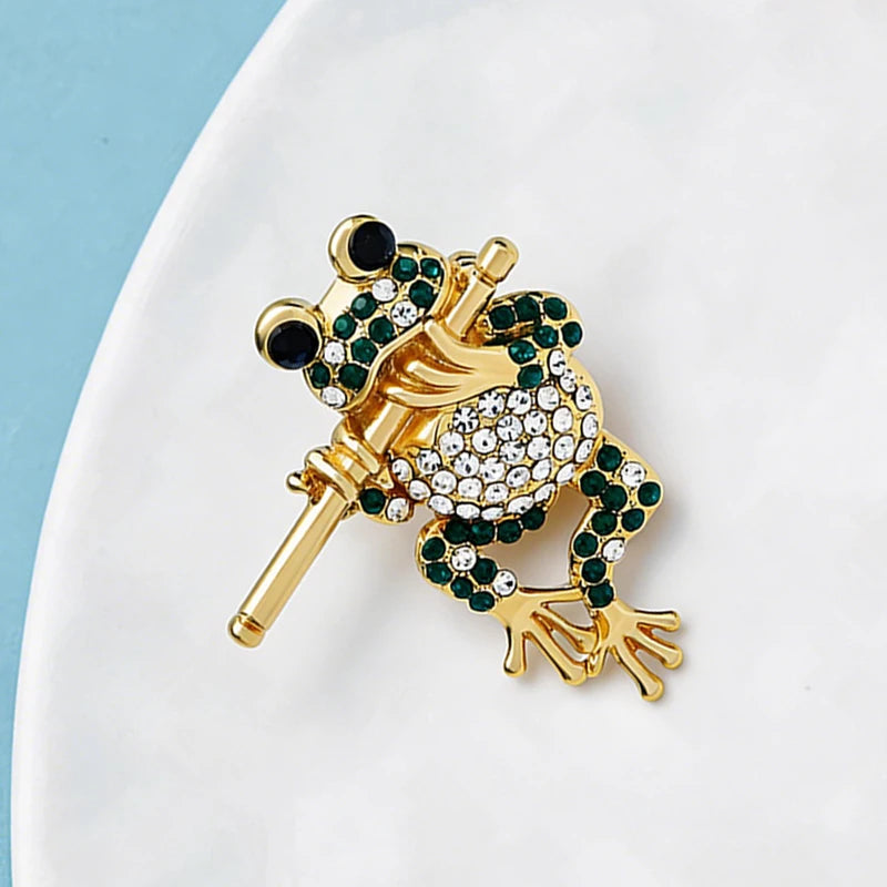 PENDRA Bamboo Flute Frog Rhinestone Brooch