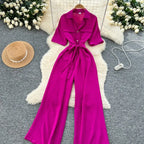 Fashionable casual lapel collar short sleeved cinched waist jumpsuit women's summer new solid color wide leg long pants