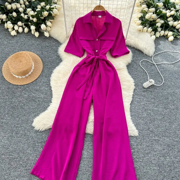 Fashionable casual lapel collar short sleeved cinched waist jumpsuit women's summer new solid color wide leg long pants