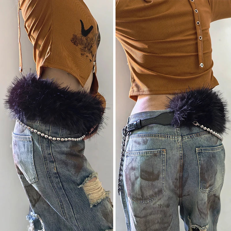 Furry Belt Y2k Belt Subculture Autumn Winter Retro All-Match Plush Waist Chain Imitation Fur Waist Seal Hot Girl Sexy Belt