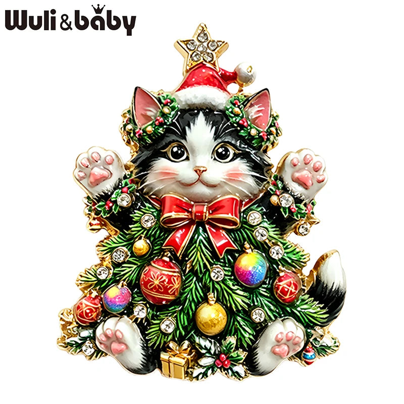 PENDRA Festive Rhinestone Christmas Cat Brooch
