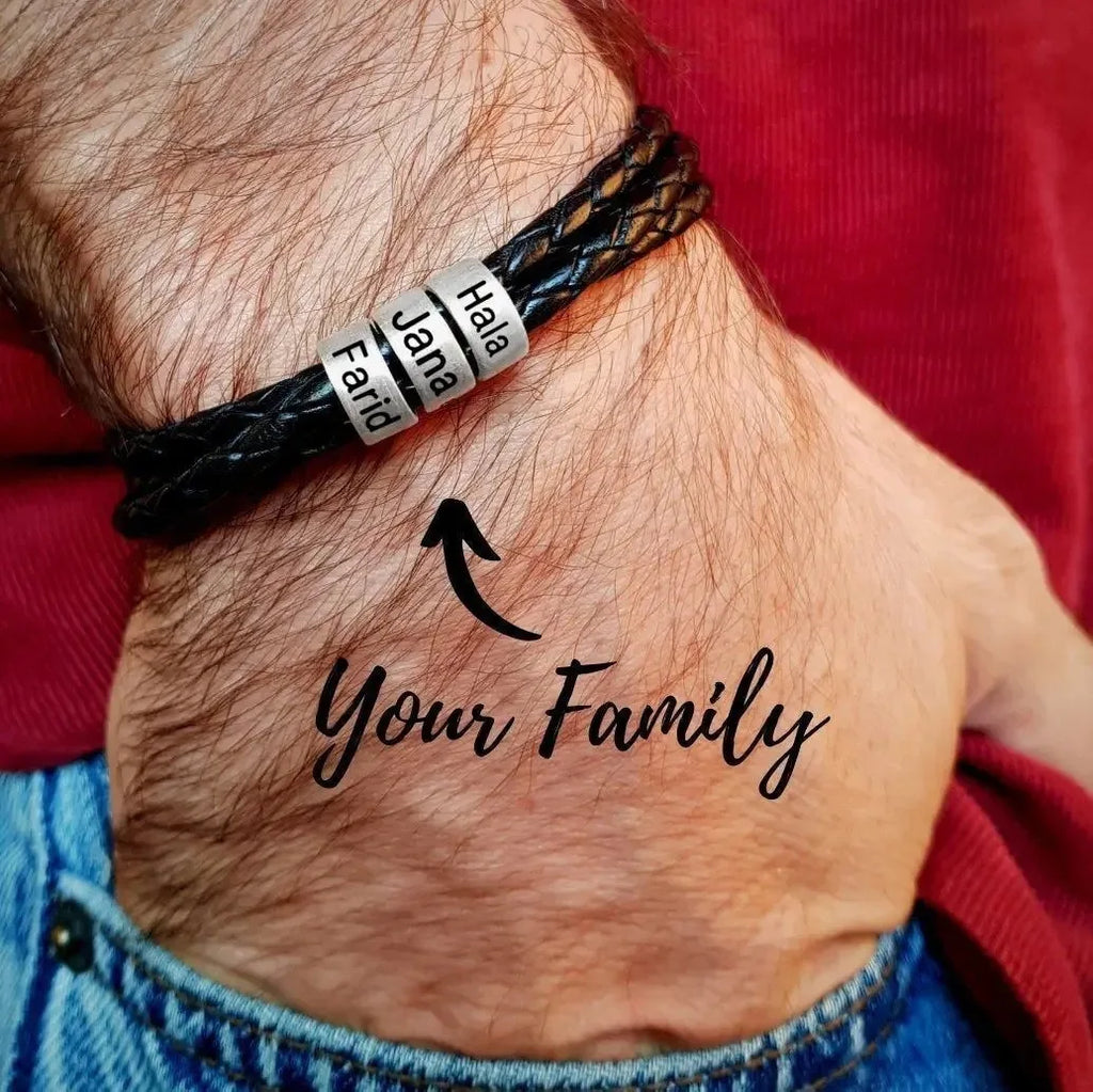 Custom 1-7 Names Multi Layer Leather Bracelet for Men,Stainless Steel Beads Handmade Braided Wristband,Gift for Father Dad