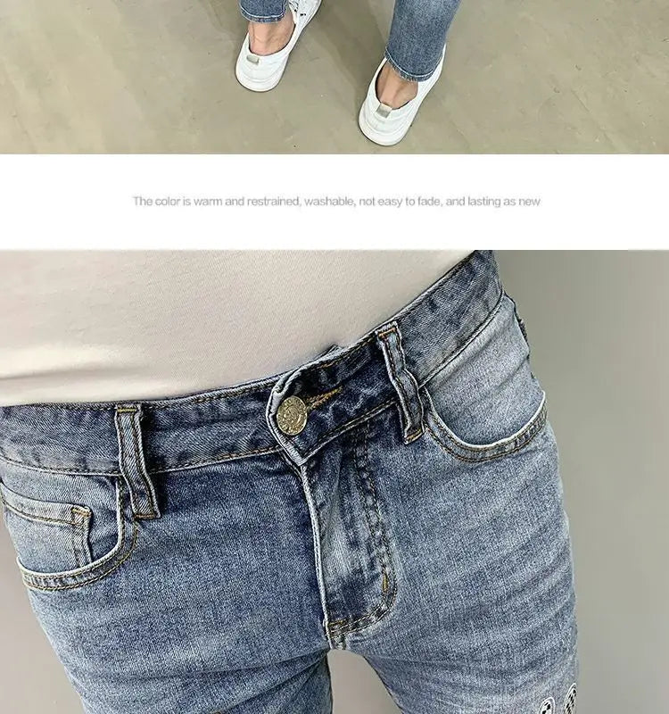 Luxury Brand Men's Slim Denim Jeans Casual Pencil Pants with Embroidery 2024 New Korean Fashion Autumn Summer Blue Long Pants