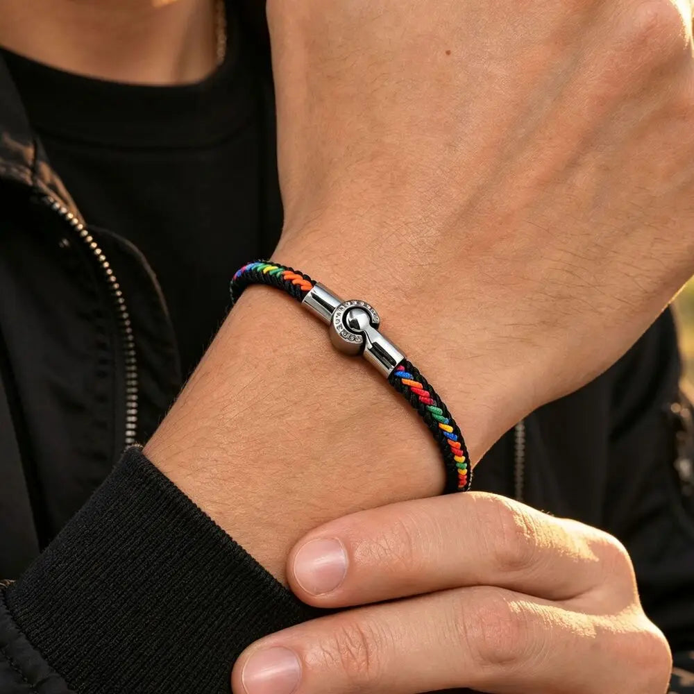 Men's Rainbow Braided Rope Bracelet,LGBT Pride Colorful Handmade Braided Bracelet with Stainless Steel Magnetic Clasp
