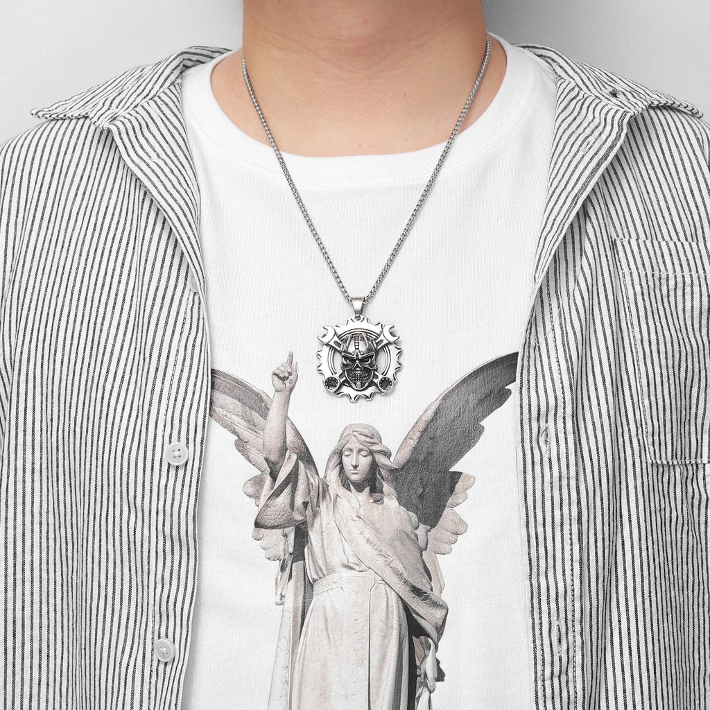 PENDRA Wrench Gear Skull Steel Necklace