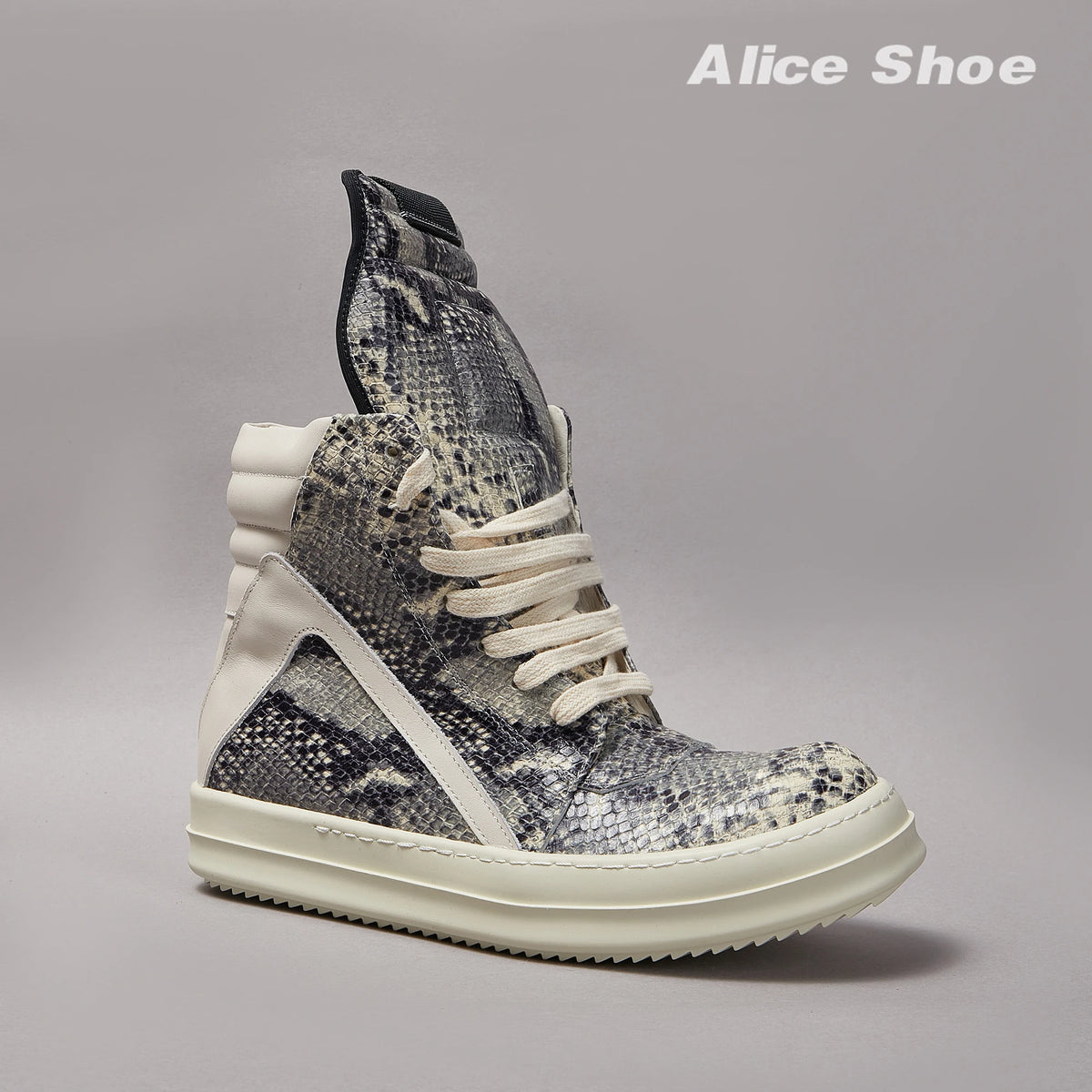PENDRA Python Ash Grey Python-Embossed Leather High-Top Platform Ankle Boots