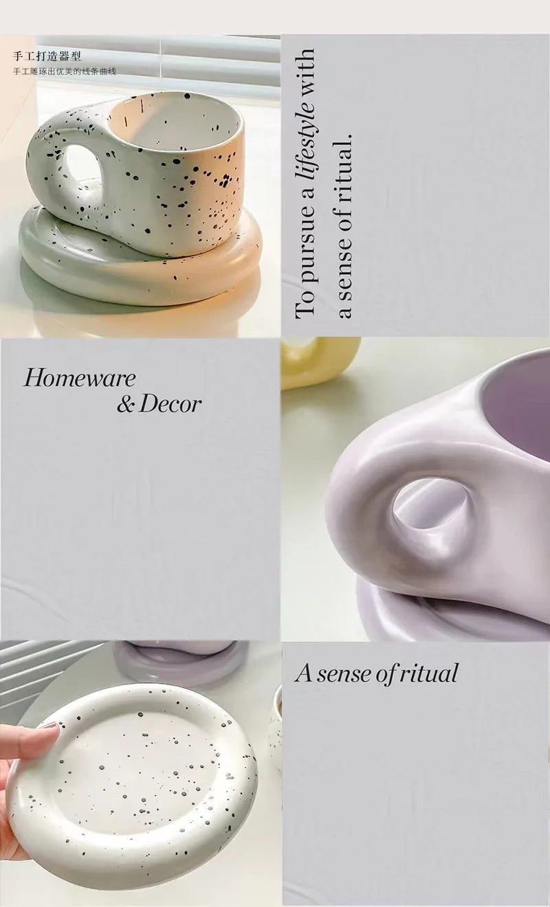 Creative chubby ceramic cup and saucer set, big handle design ins wind mug, macaron breakfast coffee