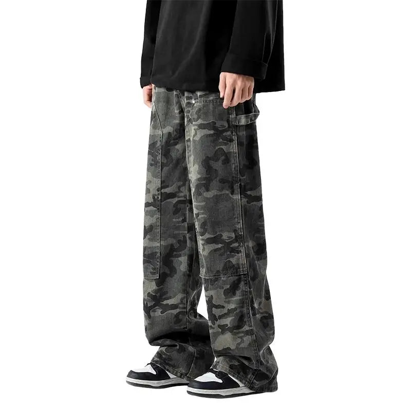 Camouflage Tooling Jeans Autumn New High Street Retro Loose Straight Wide Leg Baggy Trousers Cargo Pants Men Low Rise Jeans