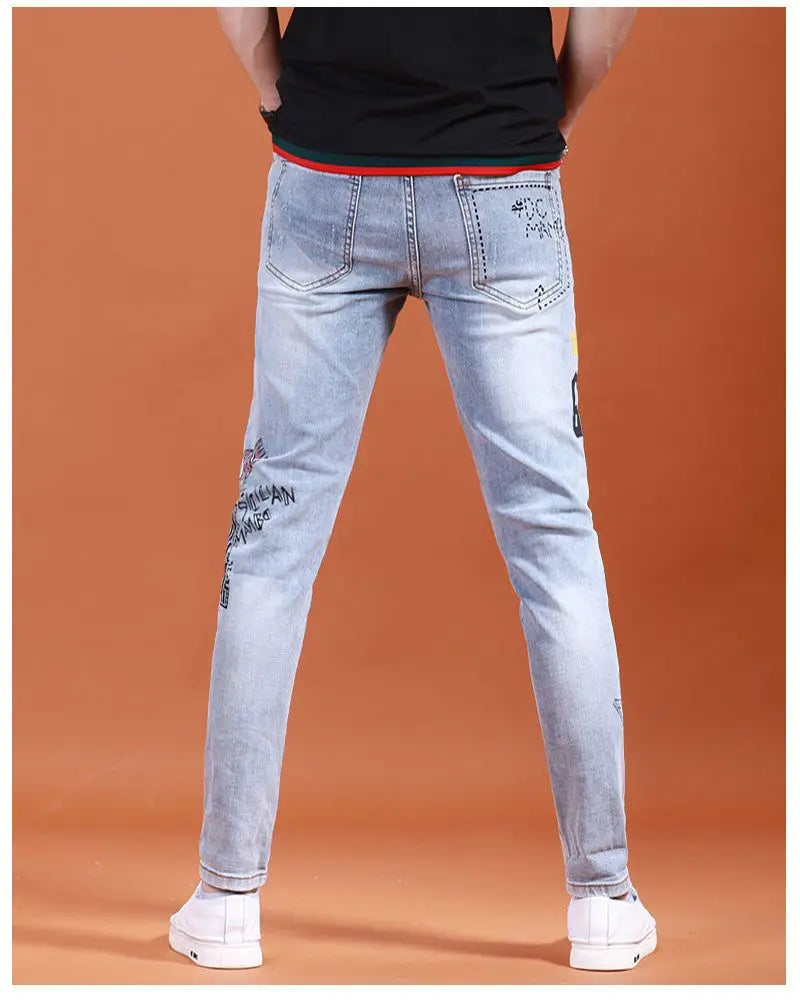 2025 Summer Ripped Jeans Men's Slim-fitting Small Feet Elastic Trousers Trendy Brand Fashion Scratched Patch Cargo Beggar Pants