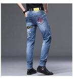 Spring Summer White Hot Drill Ripped Cowboy Korean Style Streetwear Men Washed Luxury Holes Slim Hip-hop Stylish Jeans Trousers