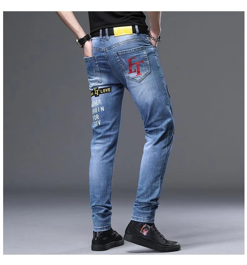 Spring Summer White Hot Drill Ripped Cowboy Korean Style Streetwear Men Washed Luxury Holes Slim Hip-hop Stylish Jeans Trousers