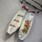 High Waisted Jeans 2023 Spring and Summer New Heavy Embroidery Hot Diamond Printed Loose Washed-out Elastic Waist Jeans Women