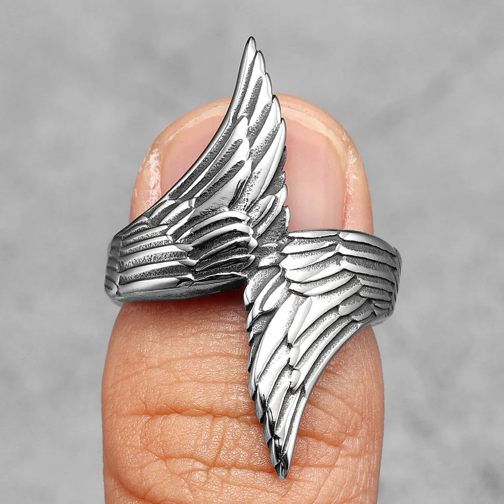 PENDRA Angel Wings Biker Steel Ring